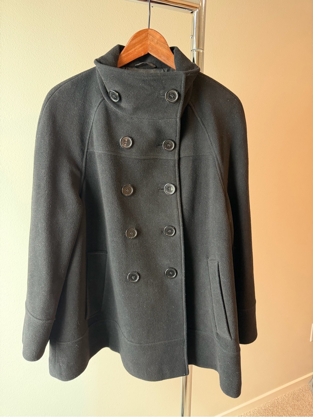Marc New York Size 8 Double-Breasted Wool Peacoat Black with Swing shape